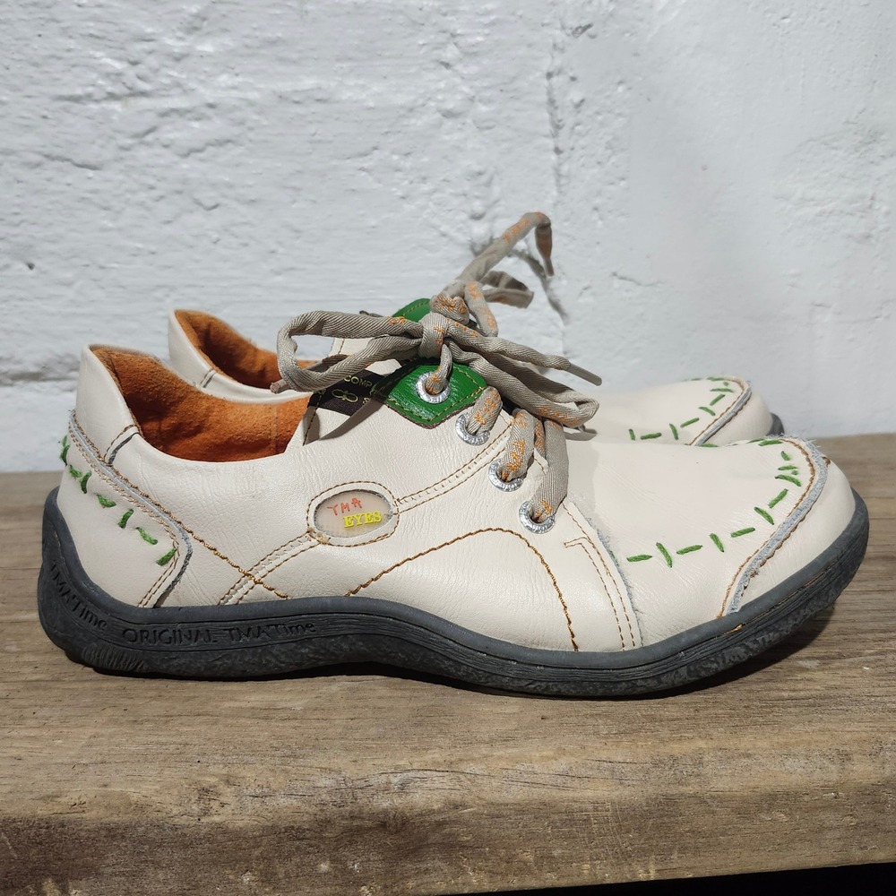 TMA Eyes Off White Leather Green Stitch Lace Up Comfort Oxford Shoes Womens 11